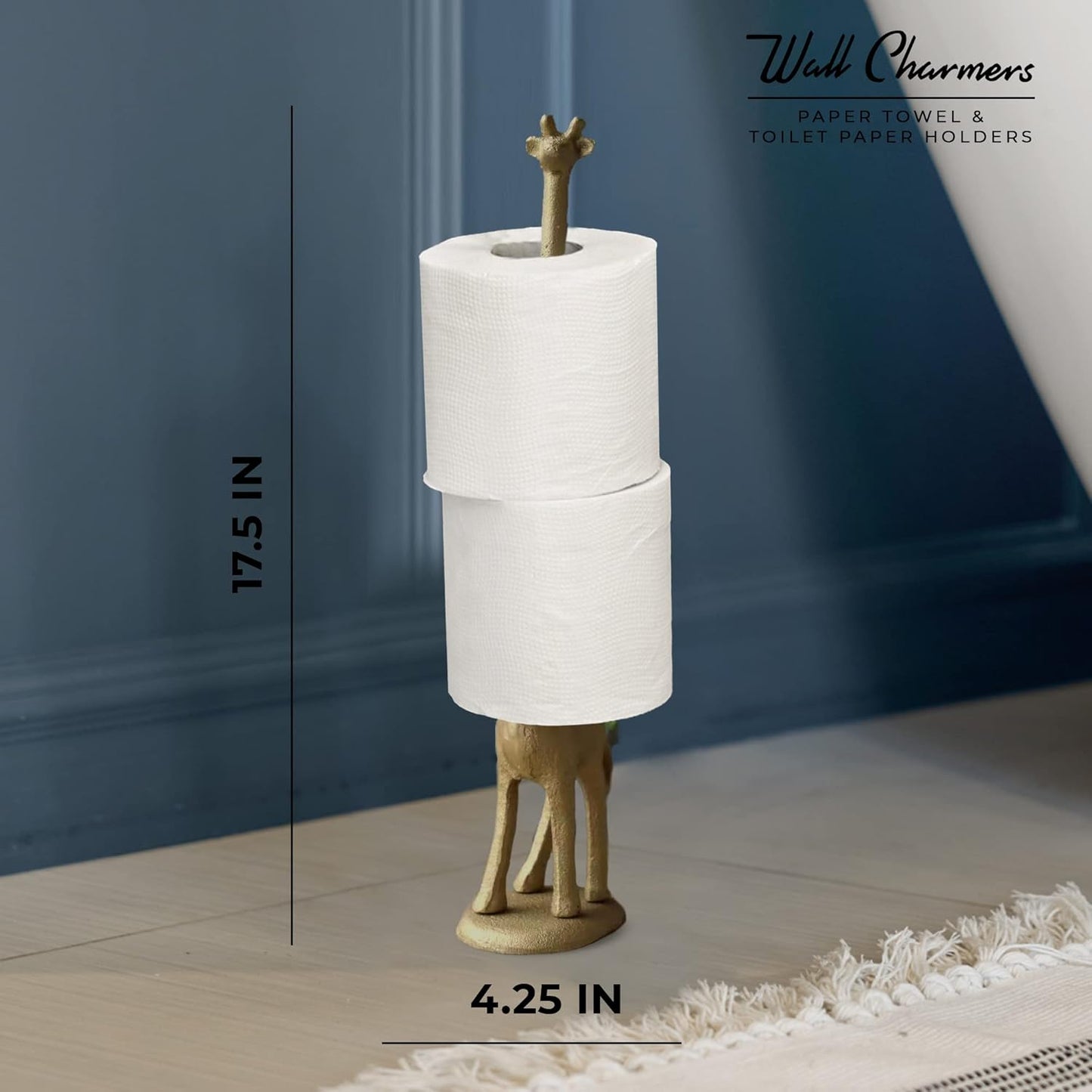 WallCharmers Gold Paper Towel Holder, Metal Toilet or Kitchen Paper Holder for Floor or Countertop, Gold Giraffe