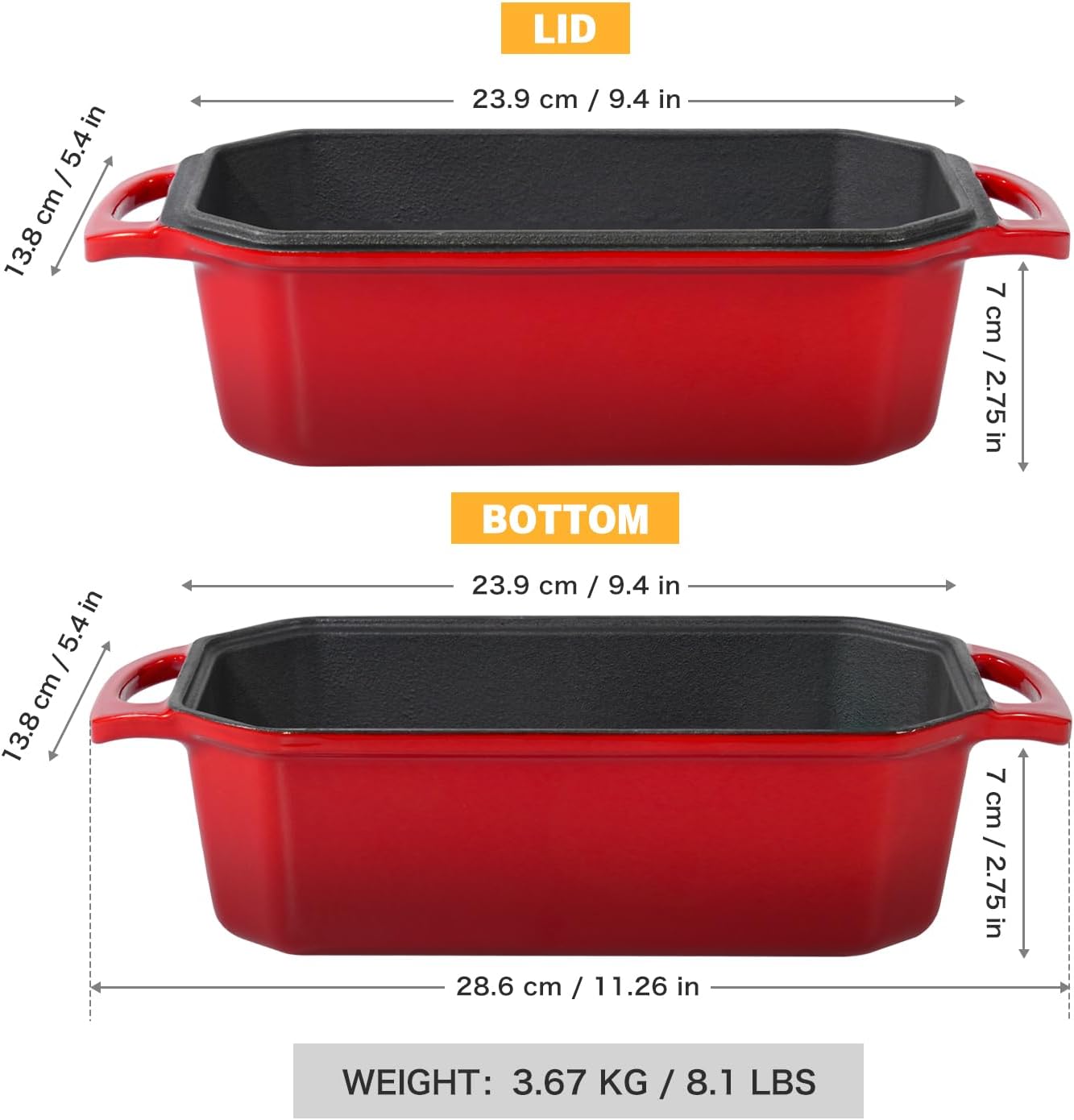 Bread Pan Cast Iron Loaf Pan with Lid Bread Loaf Pan 9x5 Inch Loaf Pan Enameled Cast Iron Sourdough Loaf Pan, Red
