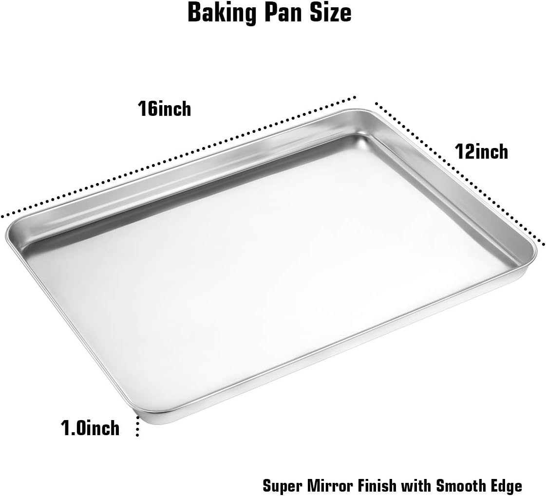 Wildone Baking Sheet Set of 2 - Stainless Steel Cookie Sheet Baking Pan, Size 16 x 12 x 1 inch, Non Toxic & Heavy Duty & Mirror Finish & Rust Free & Easy Clean