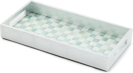 MACKENZIE-CHILDS Lacquer Vanity Tray with Handles, Rectangular Tray for Dresser and Home Decor, Gray-and-White Sterling Check