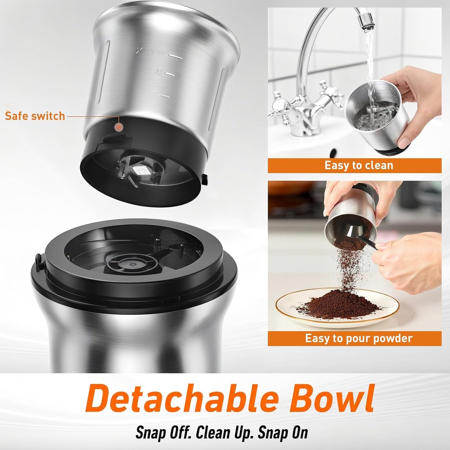 Secura Electric Coffee Grinder and Spice Grinder with 2 Stainless Steel Blades Removable Bowls