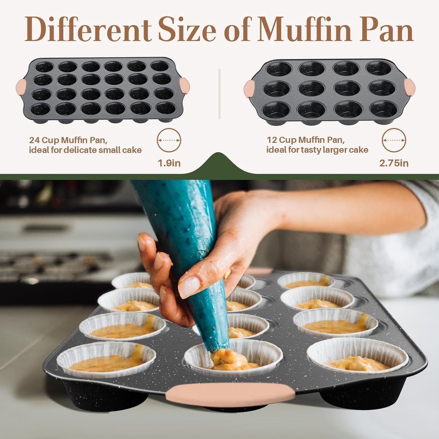11-Piece Baking Pans Set, Nonstick Bakeware Sets, Oven Pans for Baking with Silicone Handles, Includes Cookie Sheet, Cake Pans, Loaf Pan, Pizza Pan, Muffin Pan, Khaki&Black¡­
