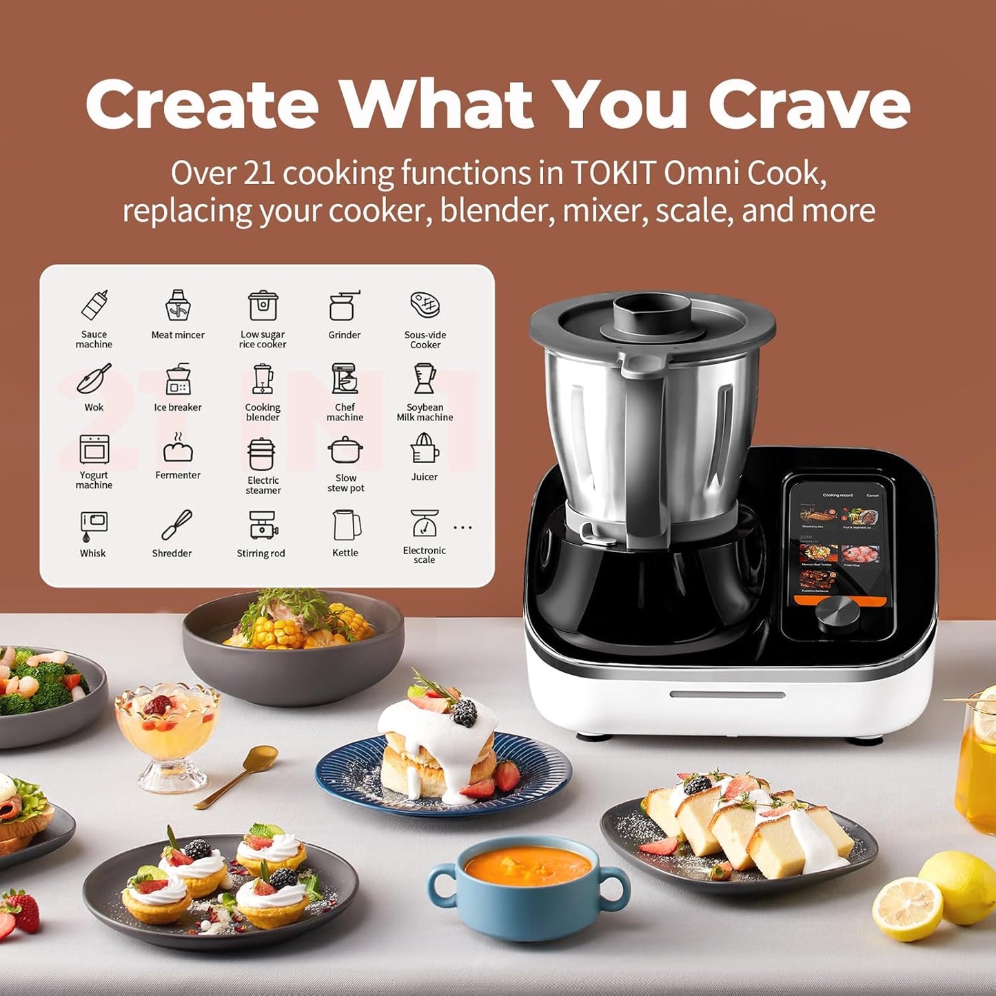 TOKIT Omni Cook C2 Smart Cooking Robot Food Processor Thermomix Automatic Cooking Machine 21 Functions AI Cooker Robot- Blender, Stirrer, Fry, Steamer, Chopper, Cutter, 3000+ Free Recipes, 95°F-356℉