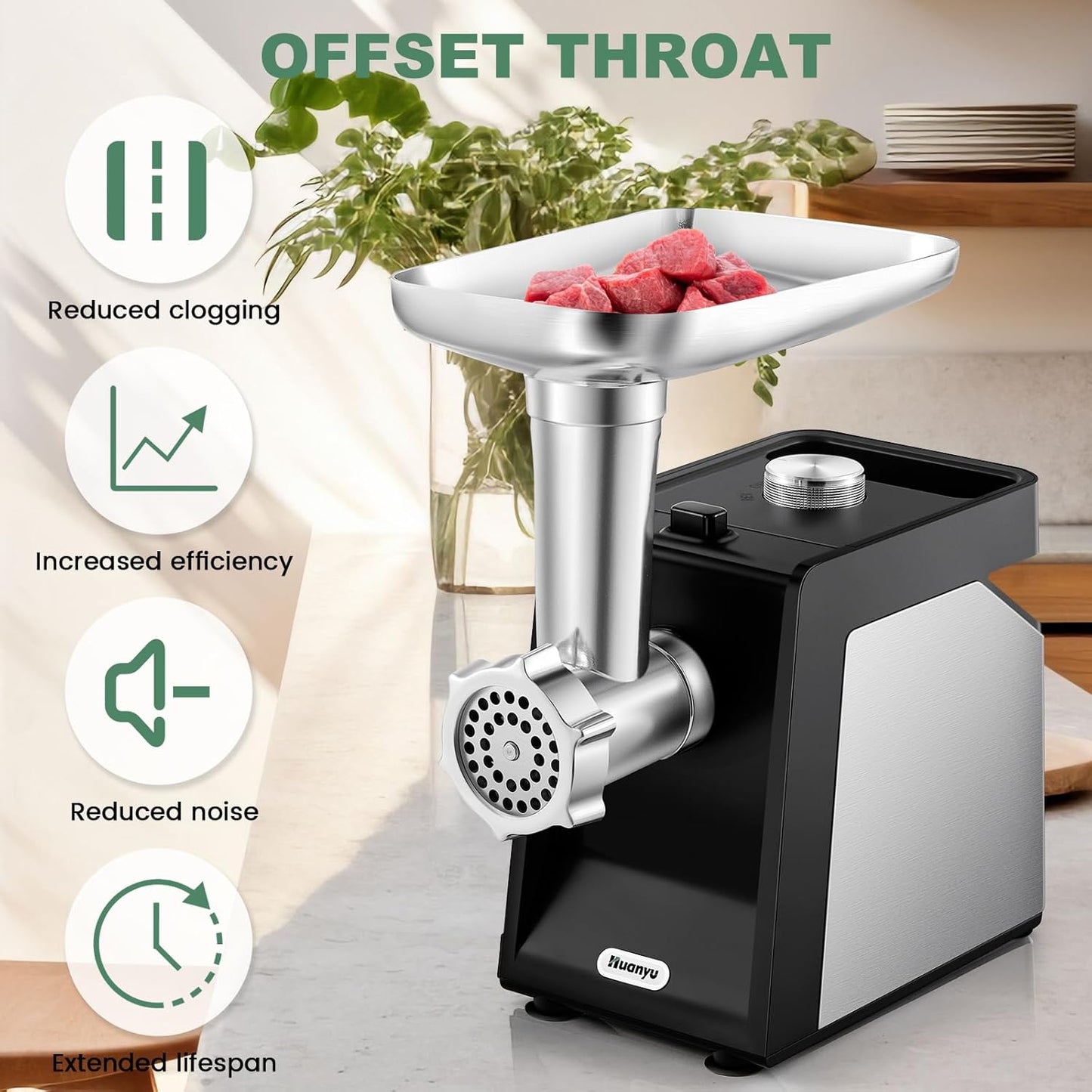 Huanyu Electric Meat Grinder for Home Use, Quiet for Apartment Cooking, Process Beef & Venison in 90s, Sausage Kubbe Prep Kit 110v