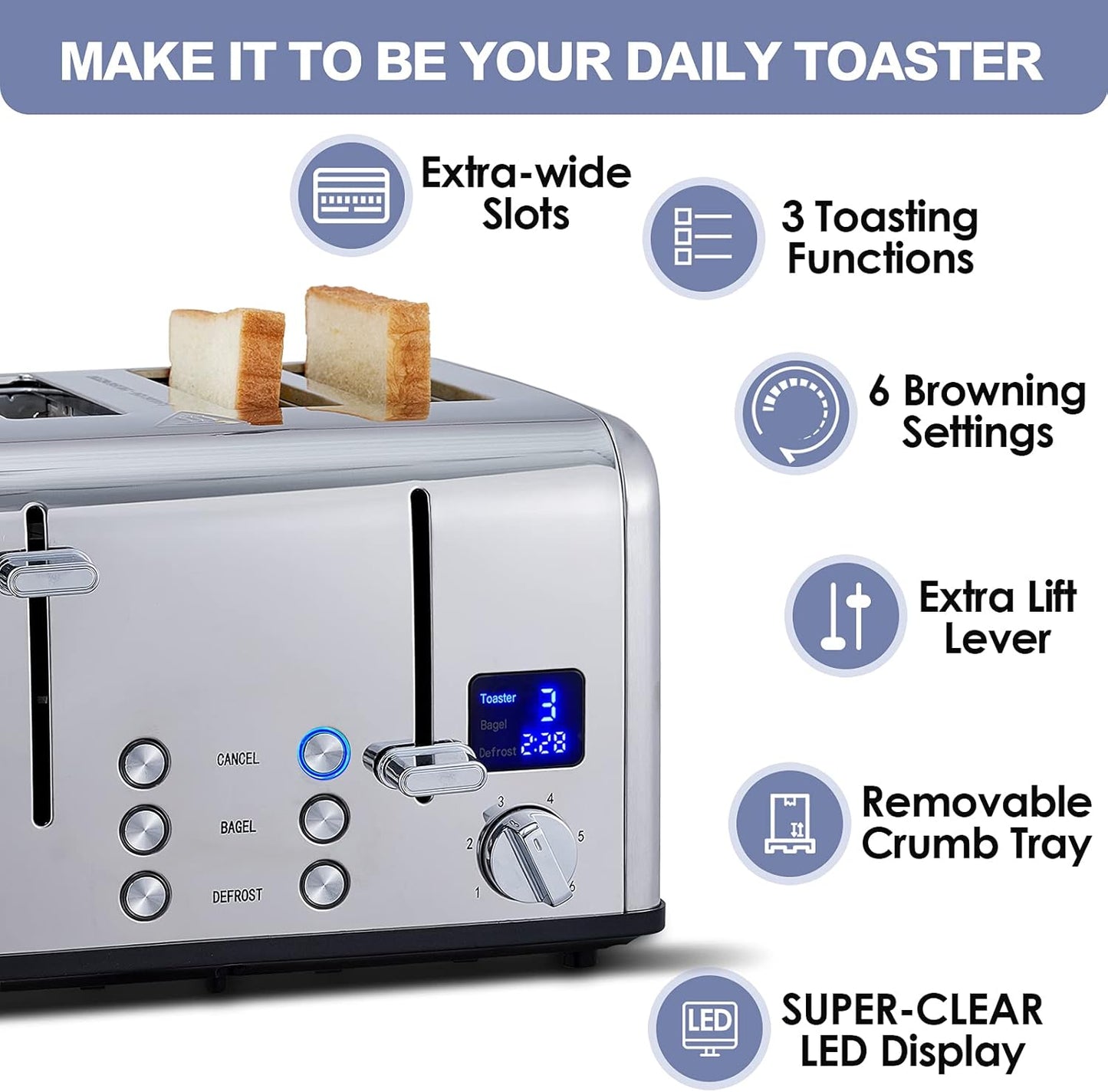 CUSIMAX 4 Slice Toaster, Ultra-Clear LED Display & Extra Wide Slots, Dual Control Panels of 6 Shade Settings, Cancel/Bagel/Defrost Function, Removable Crumb Trays, Stainless Steel Toaster