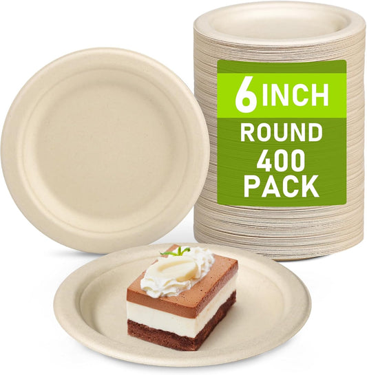 Paper Plates Bulk 400 Count, Small 6 inch Eco Friendly Plates, Compostable Biodegradable Disposable for Party, Everyday