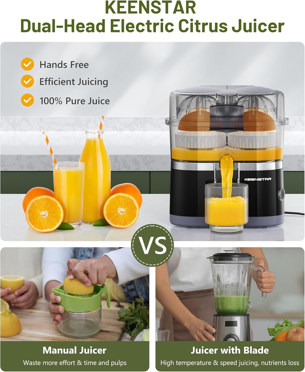 Electric Citrus Juicer, Dual-Head Orange Juicer Squeezer with Power Cord, Portable Juicer with Cleaning Brush for Lemon, Grapefruit, High Juice Yield, One Touch Operation, Easy to Clean