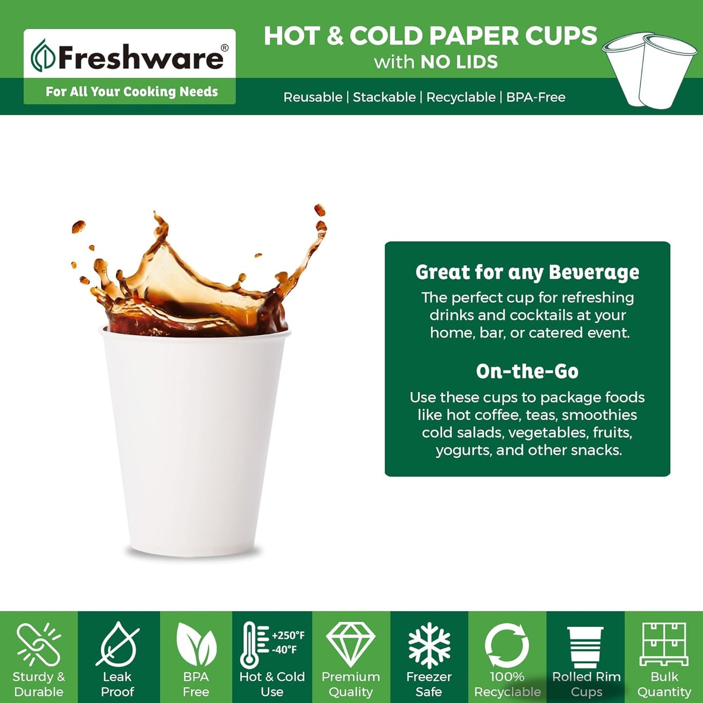 Freshware Coffee Cups 8 oz [300 Pack] Disposable Paper Cups for Hot or Iced Coffee Cup, Slushie Cup, Milkshakes, Smoothies, and Tea
