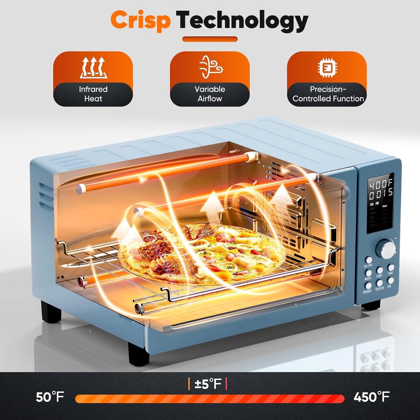 Nuwave Bravo Pro Convection Air Fryer Toaster Oven Combo, 2025 New and Improved, 10-in-1, 50°-450°F Temp Controls, Quick & Even Crisp Technology, 21Qt Capacity, Cozy Blue, PFAS Free