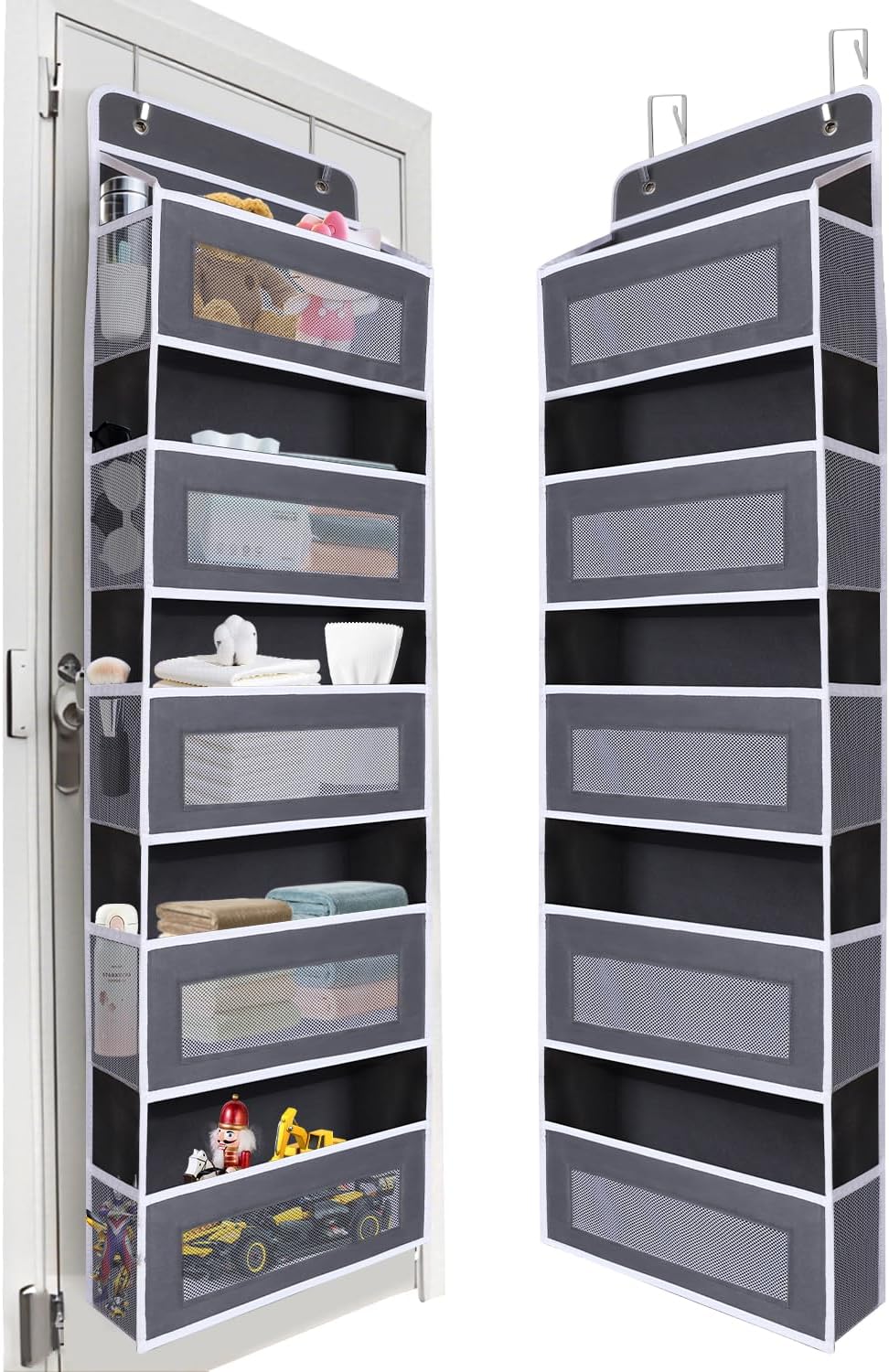 Over The Door Organizer 44LB Capacity with 5 Large Pockets & 10 Mesh Side Pockets, Clear Window Anti-Tilt Hanging Storage for Nursery, Bathroom, Pantry - Dark Grey, 1 Pack