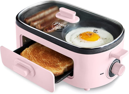 GreenLife 3-in-1 Breakfast Maker Station, Healthy Ceramic Nonstick Dual Griddles for Eggs Meat Sausage Bacon Pancakes and Breakfast Sandwiches, 2 Slice Toast Drawer, Easy-to-use Timer, Pink