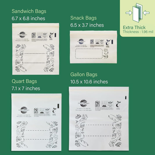 Compostable Food Storage Bags, Resealable, 50 Snack, 50 Sandwich, 30 Quart, 30 Gallon, Extra Thick, Certified US BPI ASTM D6400 Europe OK Compost