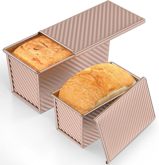 2 Pack Pullman Loaf Pan with Lid - Nonstick Bread Baking Pans for Homemade, Carbon Steel Toast Mold with Cover for Toaster Oven, Gold (1.2 lb & 0.67 lb)