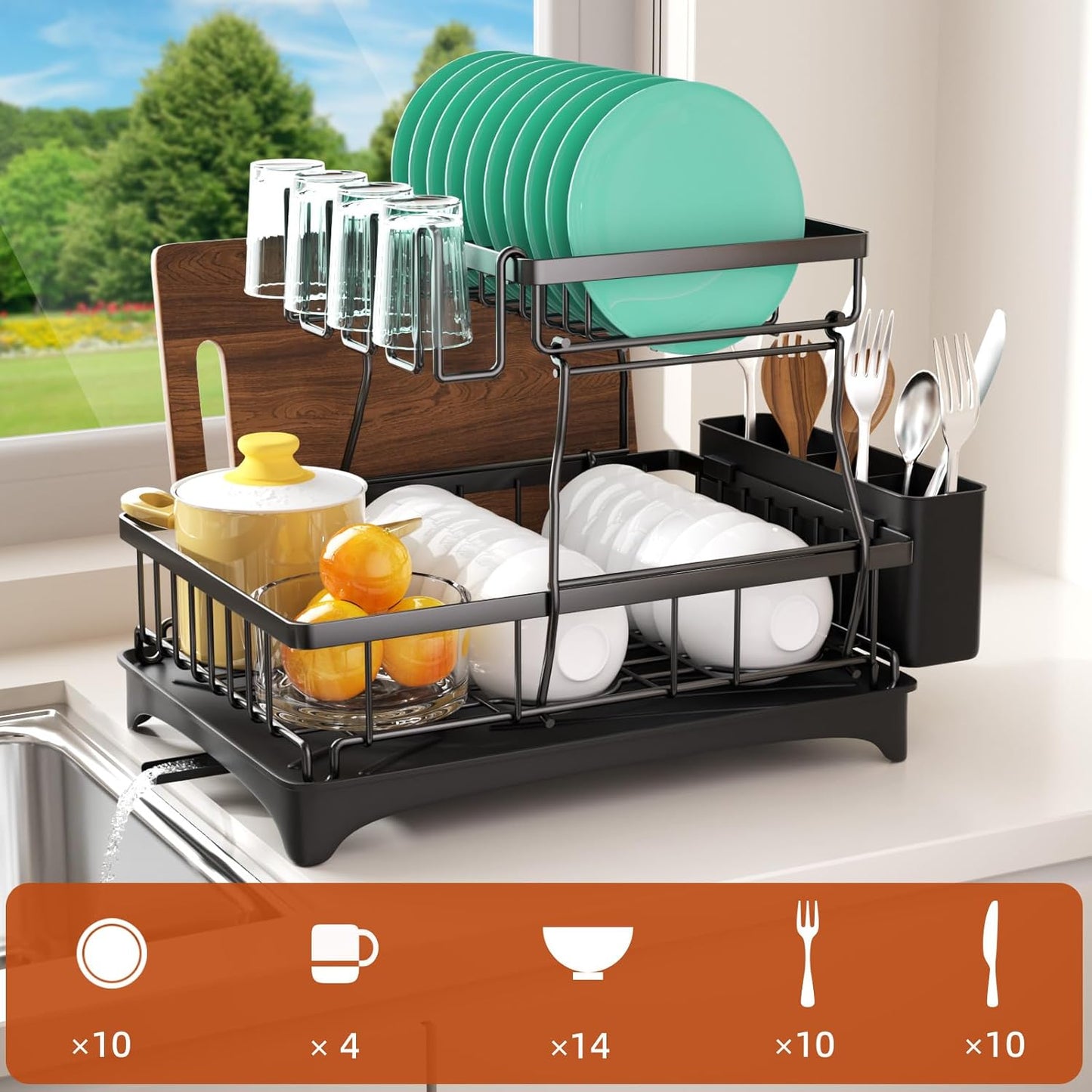 Godboat Dish Drying Rack, 2-Tier Dish Rack with Auto-Drain & Mat, Dish Racks for Kitchen Counter, Dish Drainer with Knife, Fork & Cup Rack, Gifts for Women, Mothers Day, Cool Stuff & Kitchen Gadgets