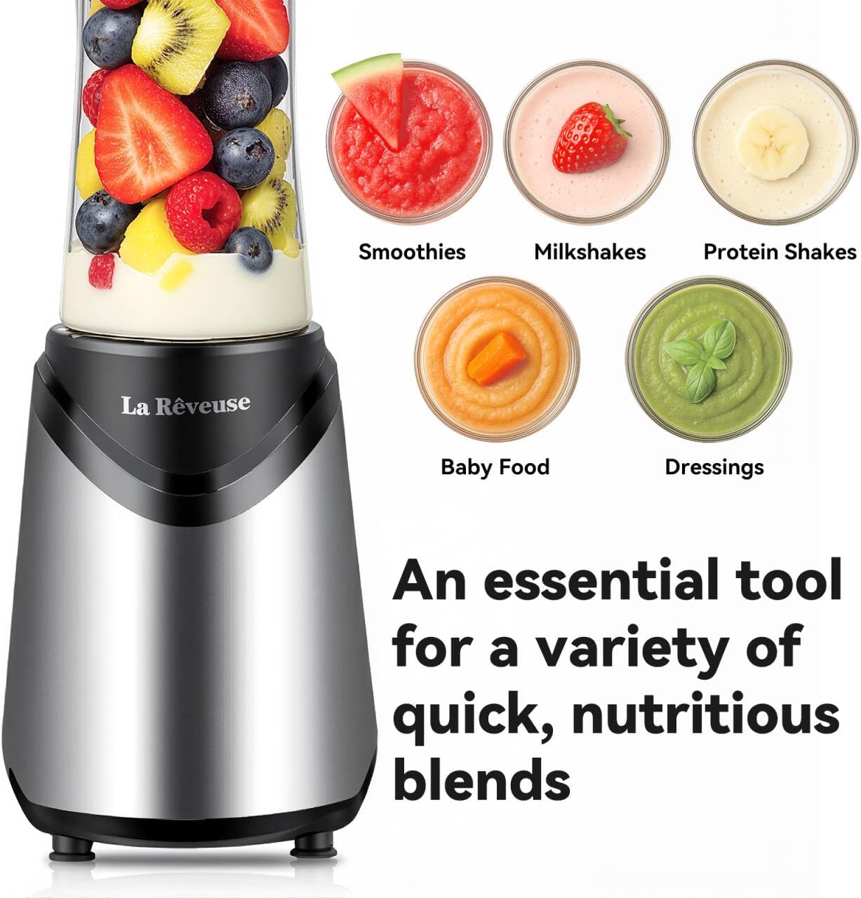 La Reveuse Smoothies Blender Personal Size 300 Watts with 18 oz BPA-Free Portable Travel Sports Bottle, Silver