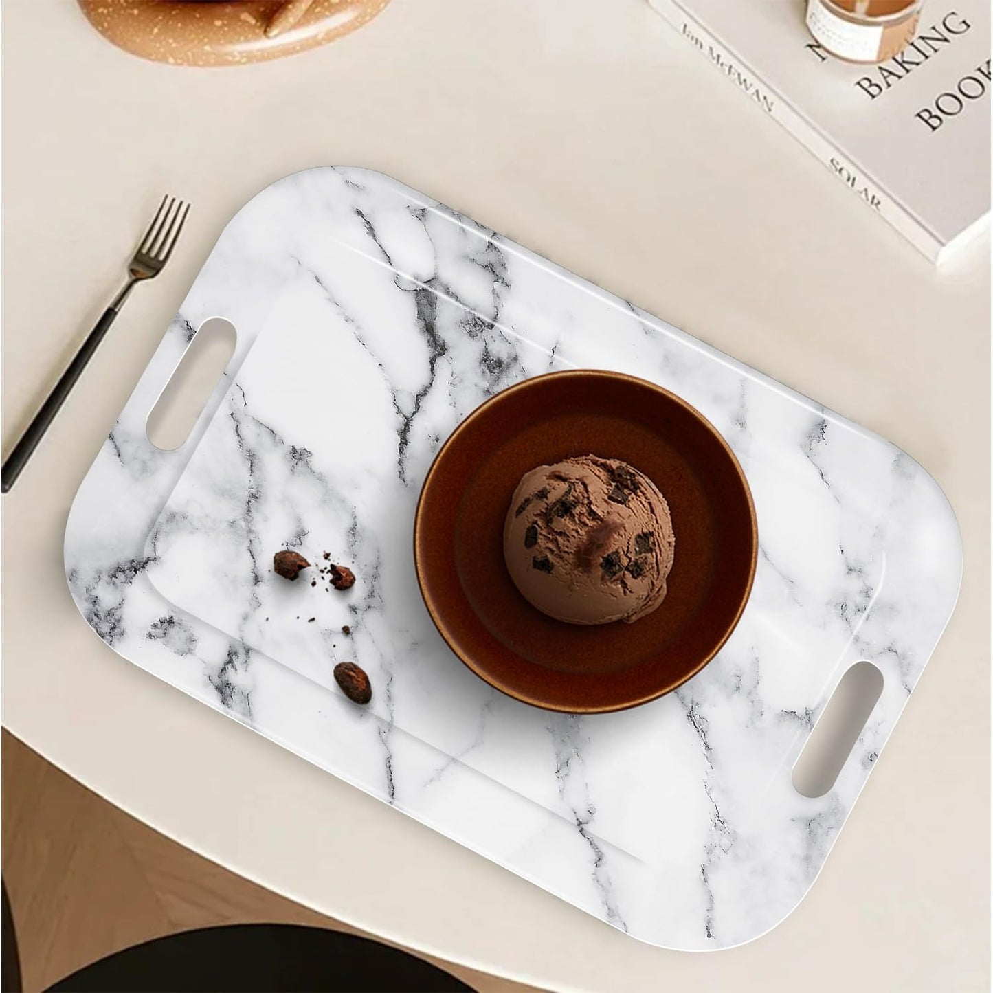 Serving Trays with Handles, 14.5 x 9.8 inch Rectangular Plastic Tray for Restaurant, Kitchen, Gray White Marble