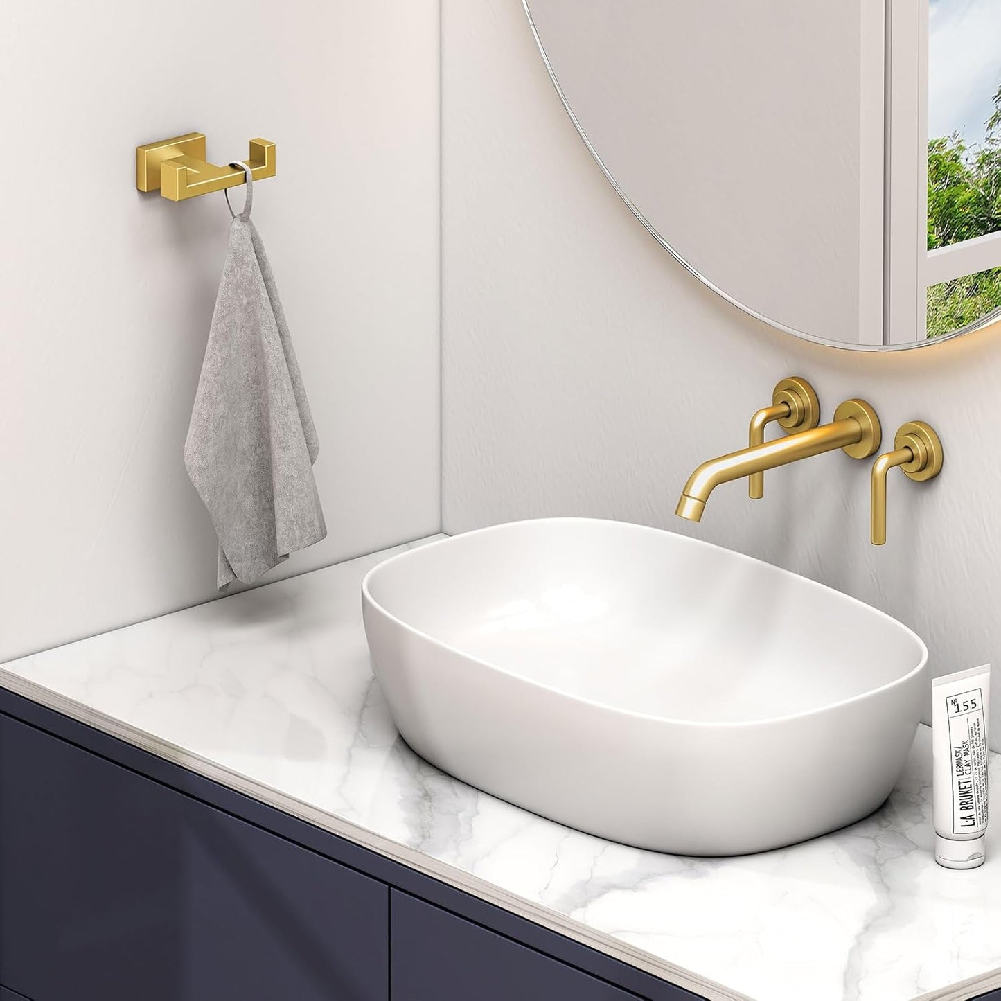 Angle Simple Double Towel Hook Brushed Gold 2 PCS, SUS304 Stainless Steel Bathroom Hand Towel Holder, Double Robe Hook for Wall