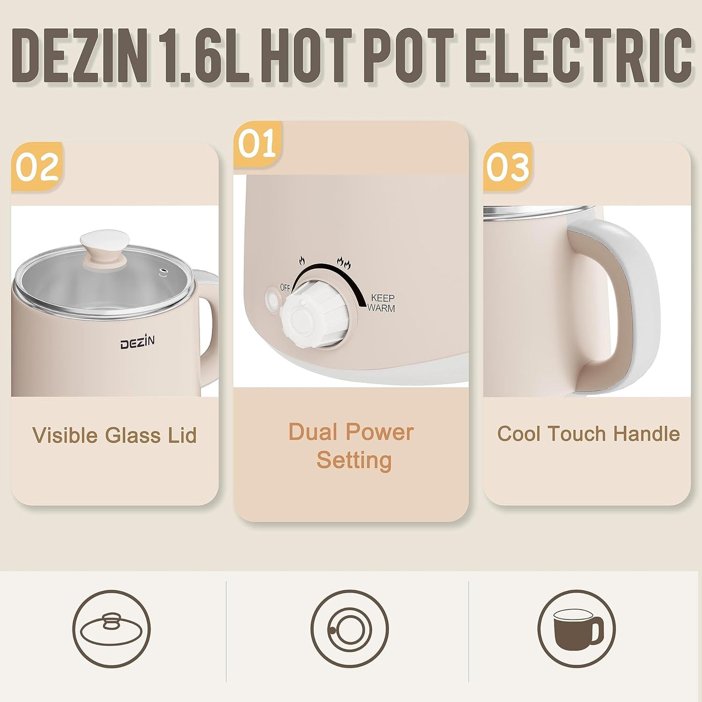 Dezin Electric Pot, 1.6L Ramen Cooker, Hot Pot Electric Stainless Steel, Multifunctional Cooker for Egg, Pasta, Soup, Porridge, Oatmeal with Temperature Control and Keep Warm Function