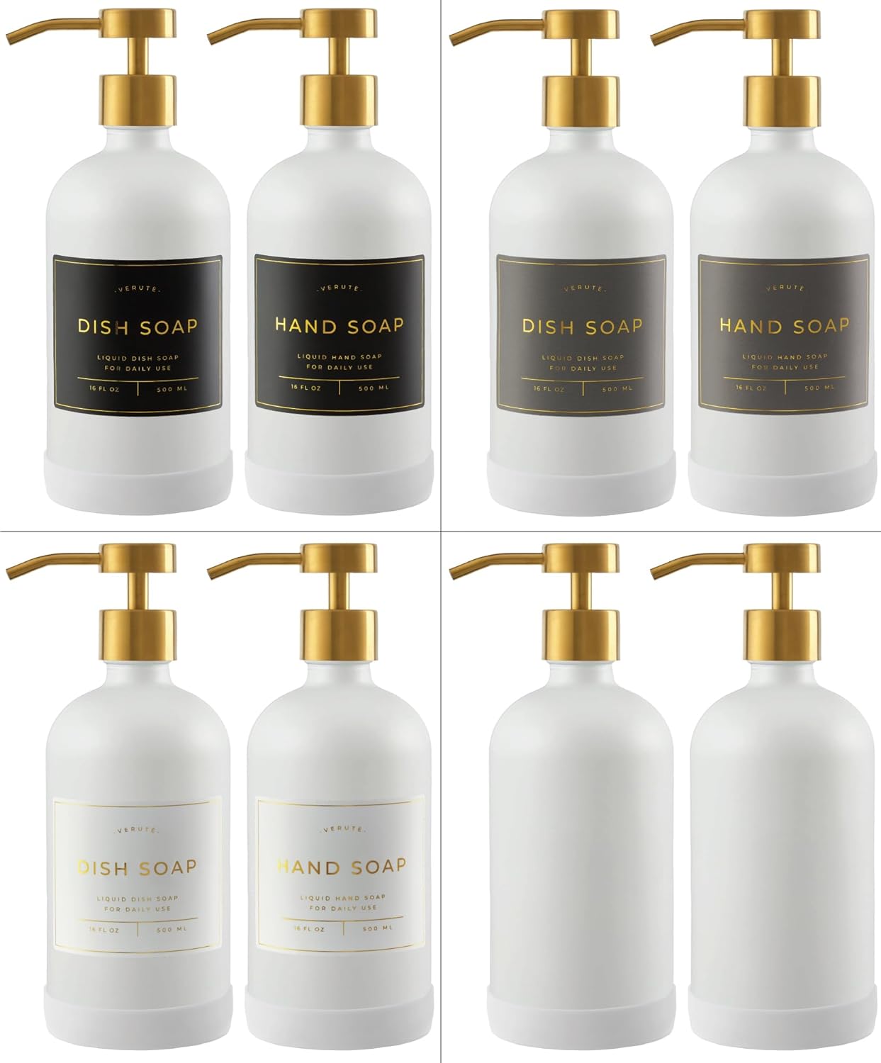 16oz Glass Soap Dispenser with Stainless Steel Pump, 21 Waterproof Labels, Non-Slip Protective Silicone Pad, Set of 2 for Bathroom & Kitchen (Matte White Bottle/Brushed Gold Pump)