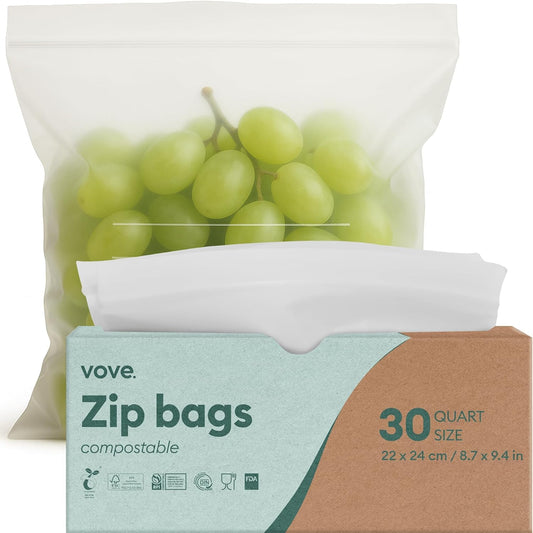 Vove Compostable Zip Bags | 30-Pack Quart Size (1L) | PLA PBAT Biodegradable Storage Bags | Certified Eco-Friendly Food Storage | Zero Waste Kitchen | Plastic-Free Sustainable Storage