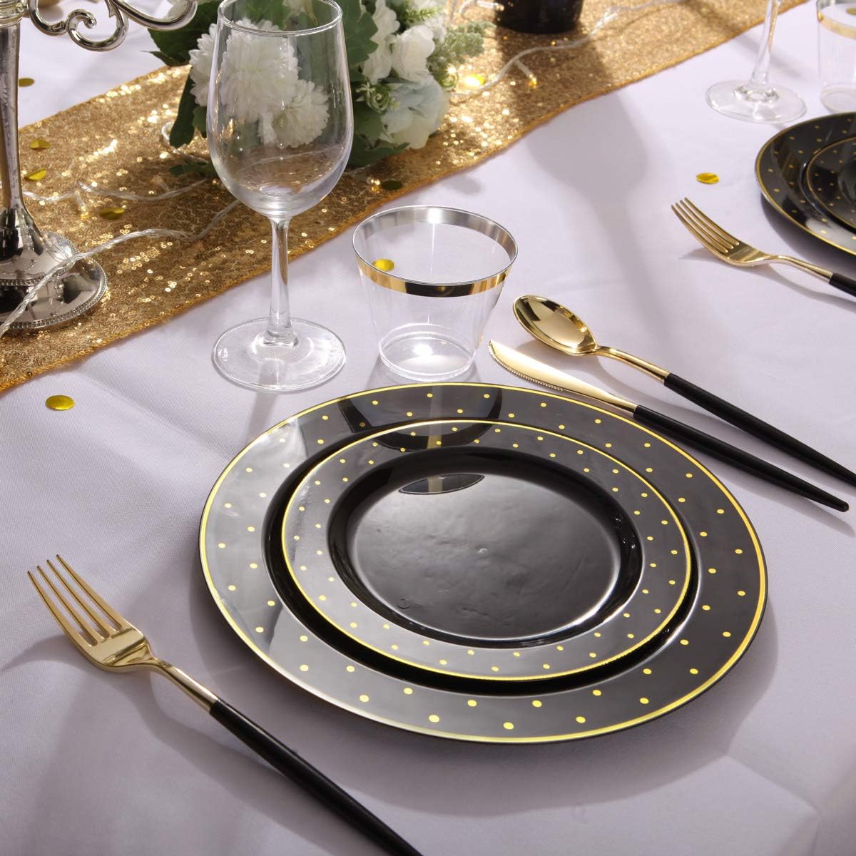 I00000 102Pcs Plastic Black Gold plates, New Year Black Plastic Plates Including 51 Dinner Plates 10.25" and 51 Salad Plates 7.5" with Gold Dots, Premium Gold Disposable Plates for Party & New Year