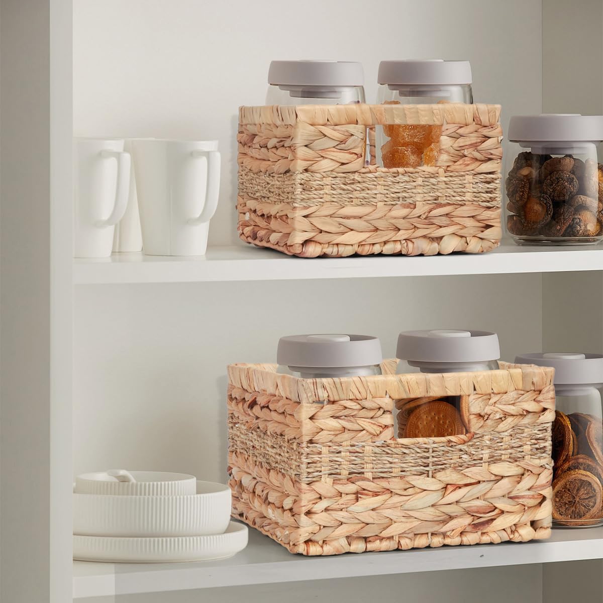 Wicker Storage Baskets with Built-in Handles, Natural Water Hyacinth and Seagrass, Decorative Handmade Storage Baskets for Organizing, Set of 2, Large and Small