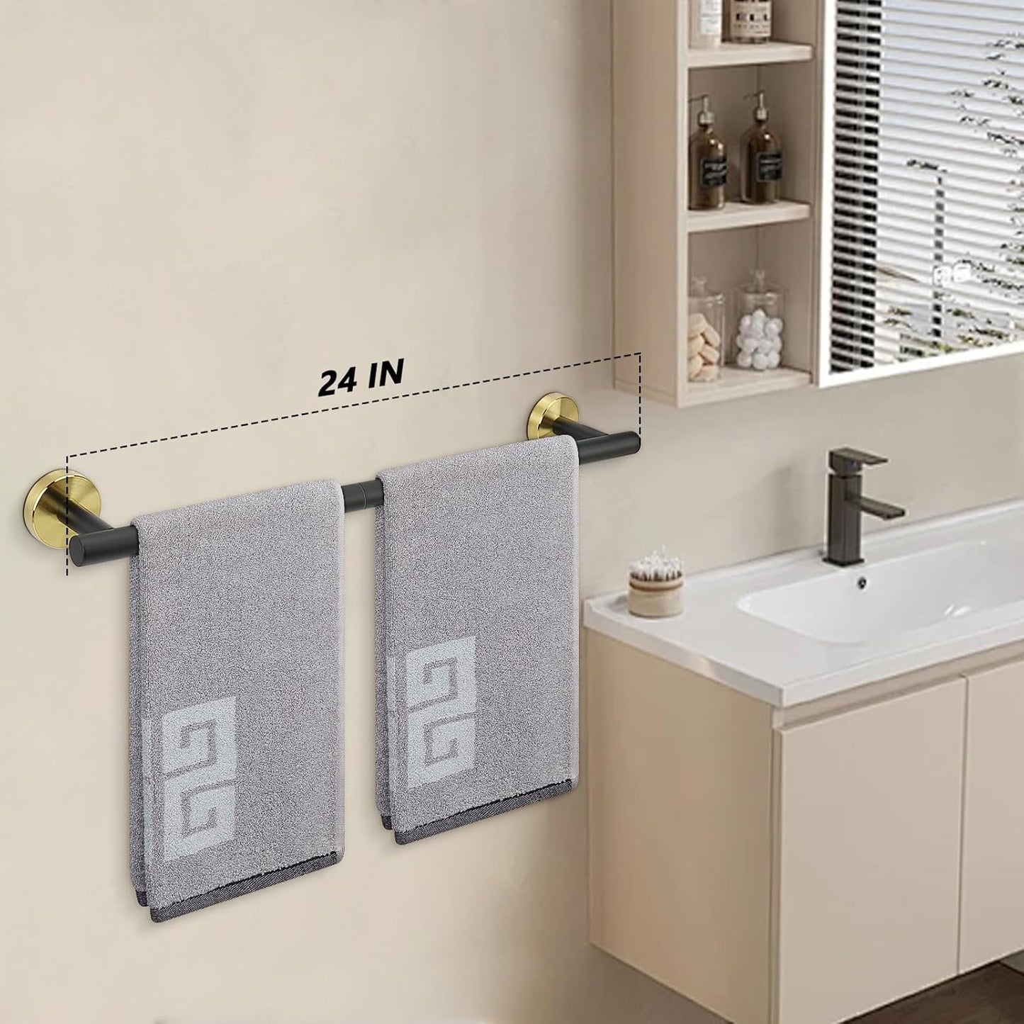 NearMoon Bath Towel Bar, Bath Accessories Thicken Stainless Steel Shower Towel Rack for Bathroom, Towel Holder Wall Mounted (1 Pack, Matte Black & Gold, 24 Inch)