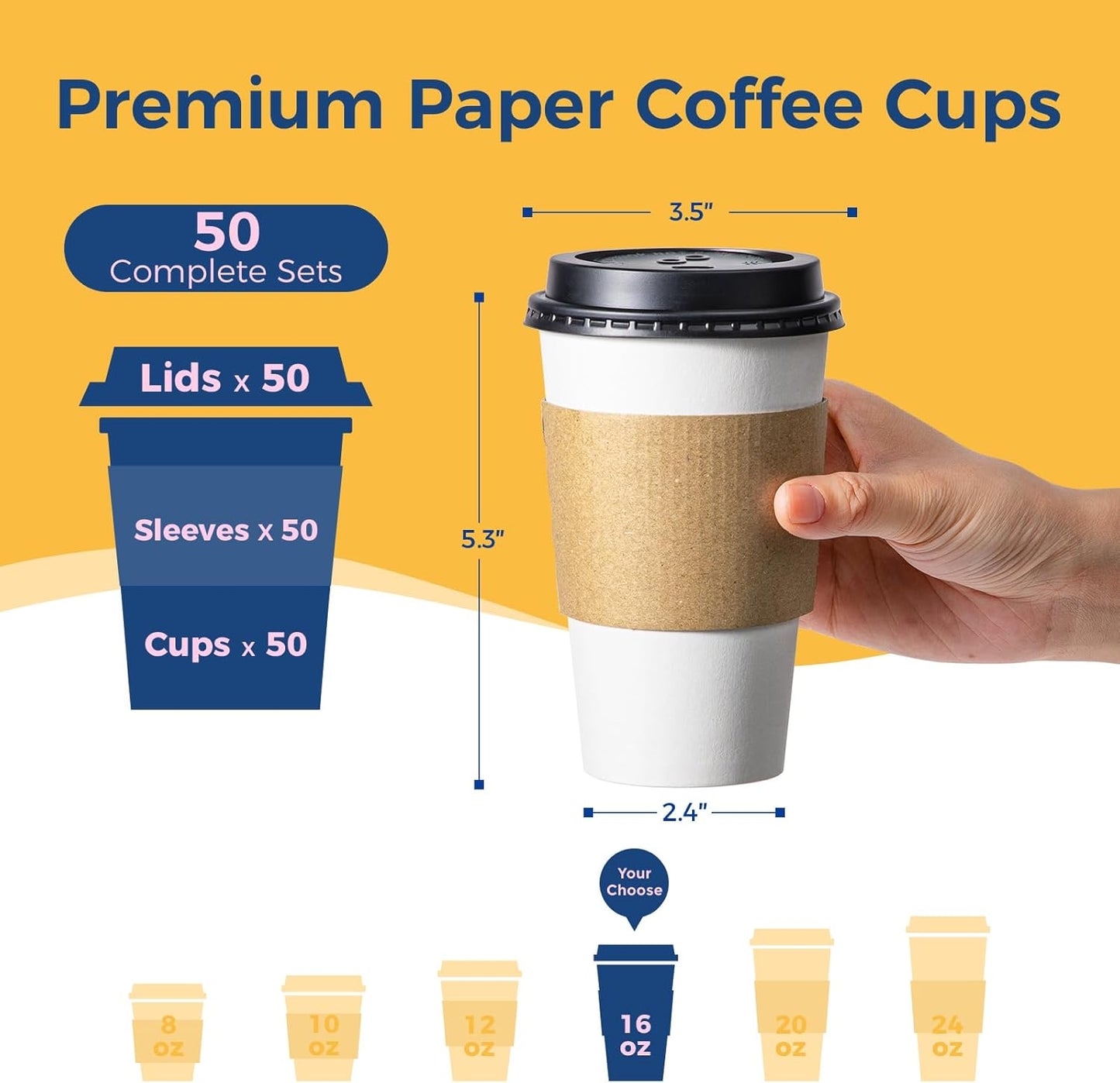 Fit Meal Prep 50 Pack 16 oz Disposable Coffee Cups with Lids, Sleeves, Leak-Proof To Go Coffee Cups with Lids, Durable Paper Cups for Hot Beverage, Home, Office, Party