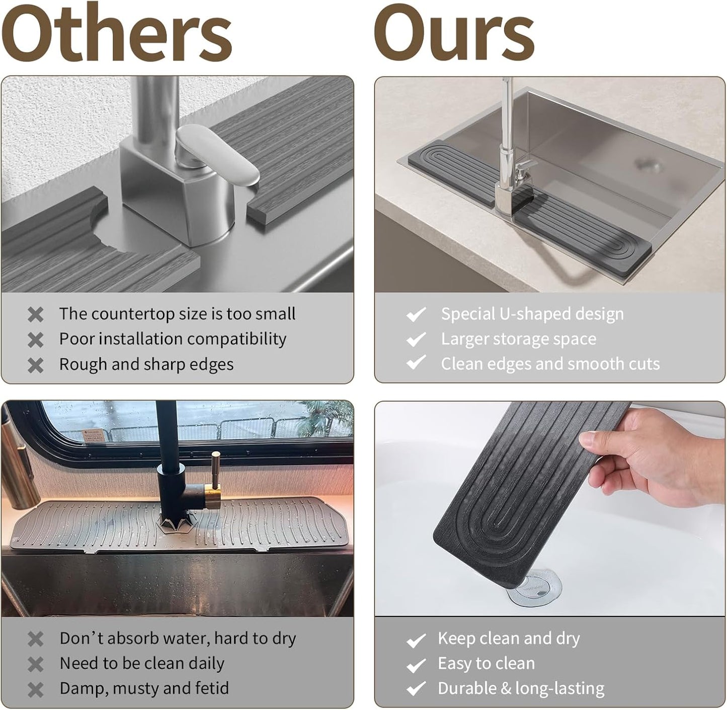 Faucet Mat for Kitchen Sink, Diatomite Stone Drying Sink Protectors, Bathroom Faucet Splash Guard, Quick Dry Water Absorbing, Non-Slip Stone Tray for Kitchen Counter, Grey, 23.6" x 3.9"