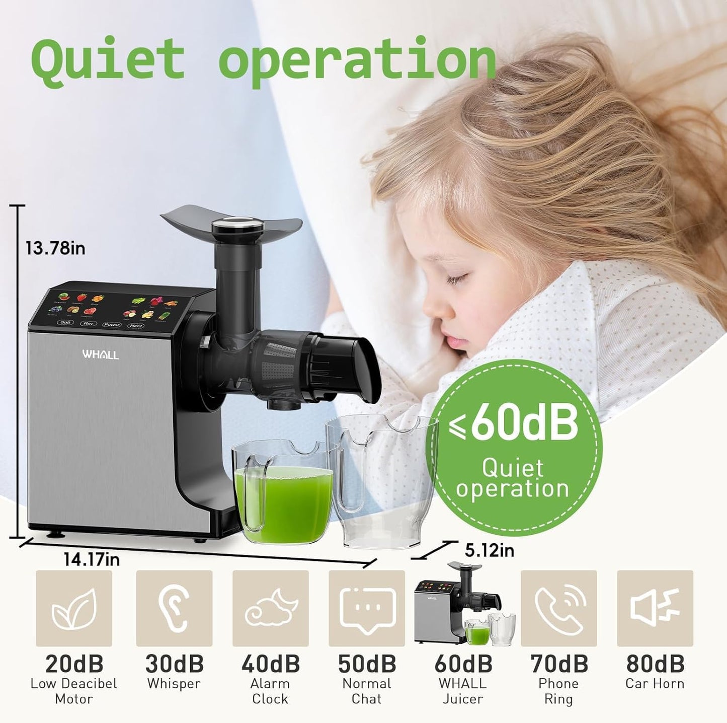 whall Masticating Slow Juicers, Juicer Machines, Cold Press Juicers, Professional Stainless Juice Machines for Vegetable and Fruit, Touchscreen Cold Press Juicer with 2 Speed Modes, Easy Clean,Grey