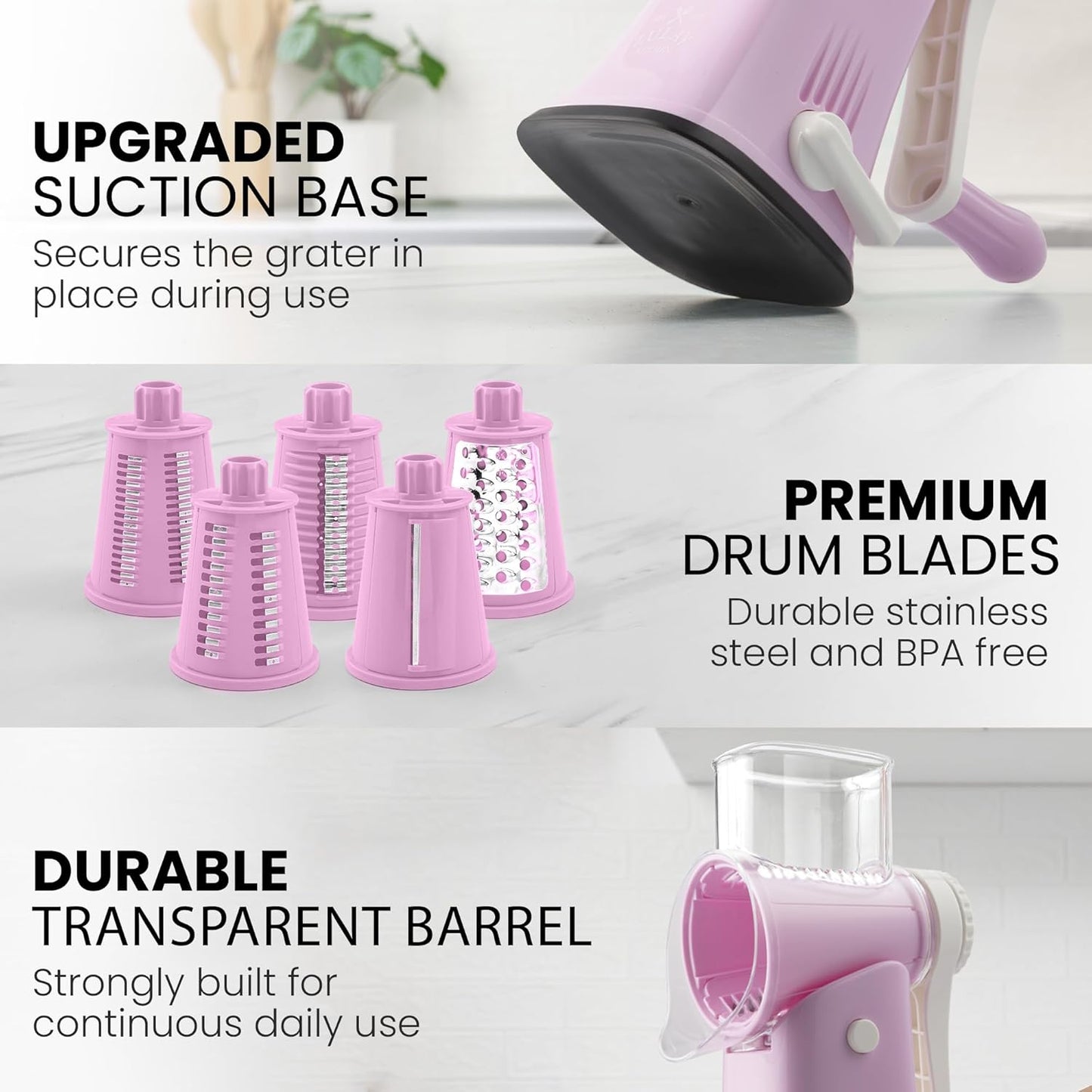 Zulay Kitchen Rotary Cheese Grater 5 Blade Cheese Shredder - Manual Hand Crank Cheese Grater With Reinforced Suction & 5 Interchangeable Drums - Easy to Use, Vegetable Chopper Round Mandoline Slicer