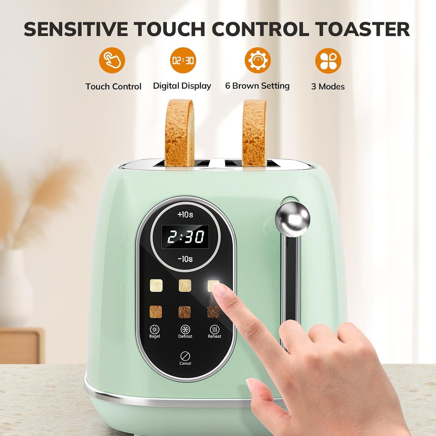 Keenstone Smart Touch Screen Toaster 2 Slice, Retro Wide Slot Stainless Steel Toaster with 6 Browning Levels, Reheat & Defrost, for Bagel, Toast, Bread, Removable Crumb Tray, Green