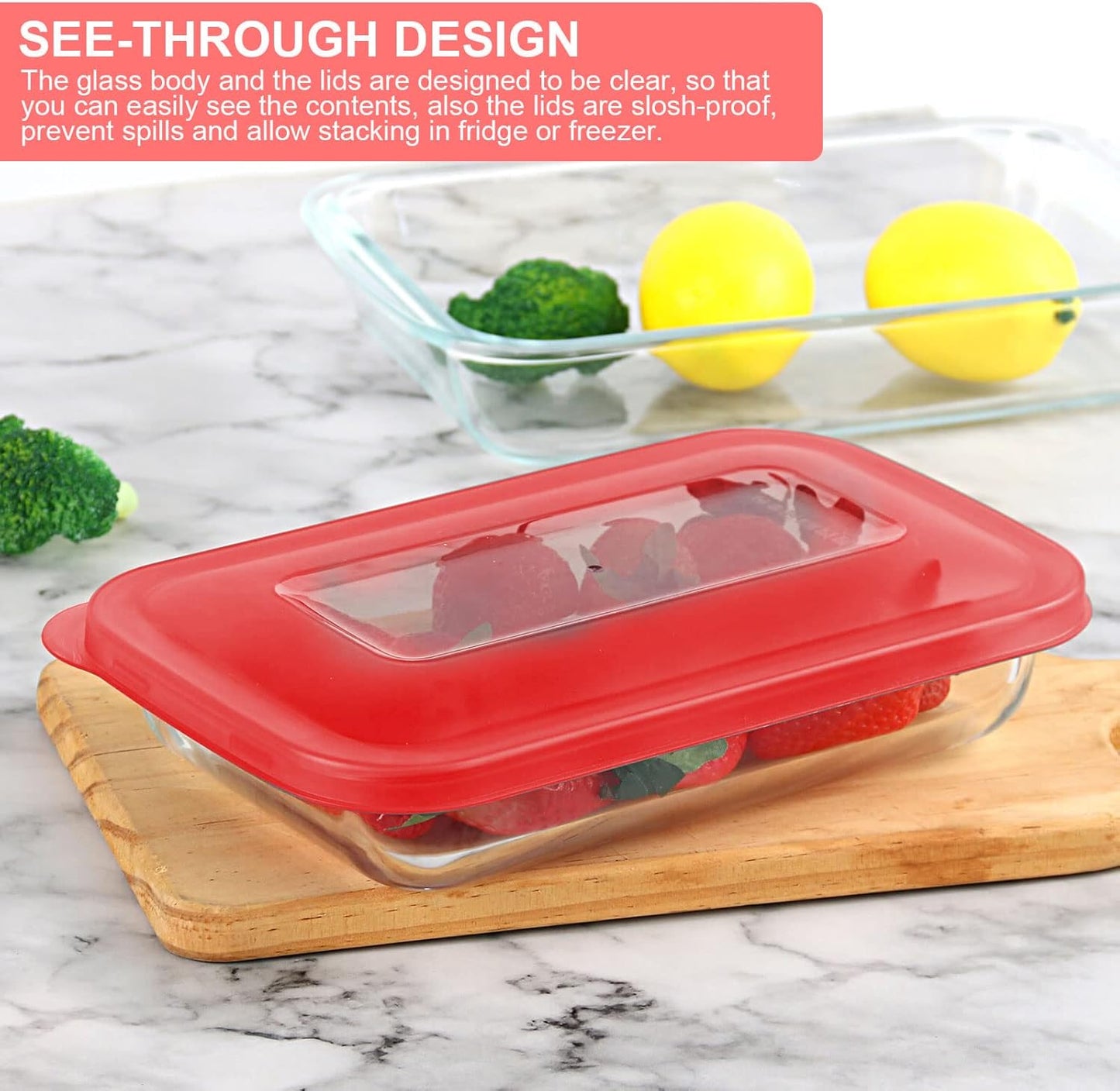 KOMUEE 8 Pieces Glass Baking Dish with Lids Rectangular Glass Baking Pan Bakeware Set with BPA Free Lids, Baking Pans for Lasagna, Leftovers, Cooking, Kitchen, Fridge-to-Oven, Red