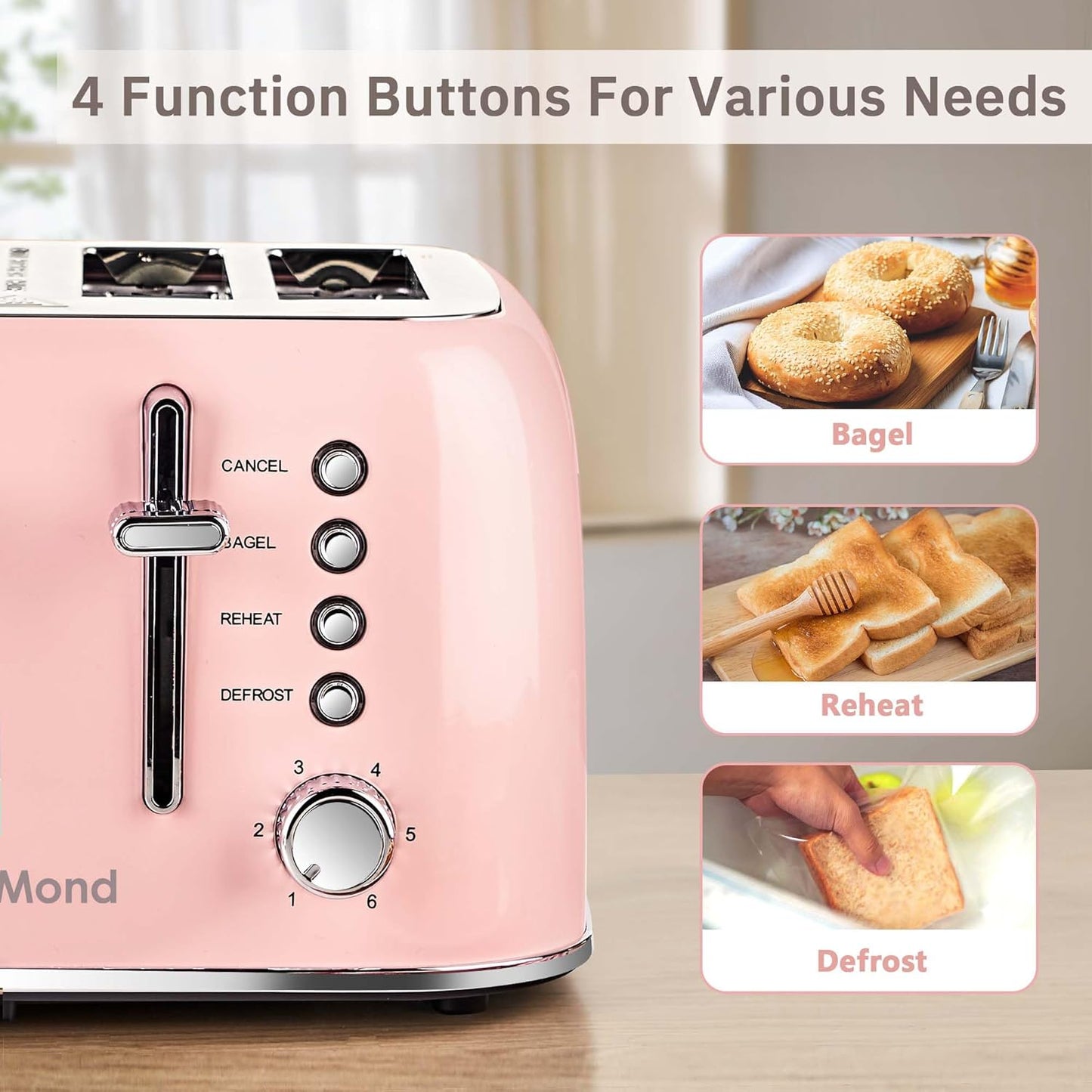 Toaster 4 Slice Retro Stainless Steel with Extra Wide Slots Bagel, Defrost, Reheat Function, Dual Independent Control Panel, Removable Crumb Tray, 6 Browning Levels, Pink