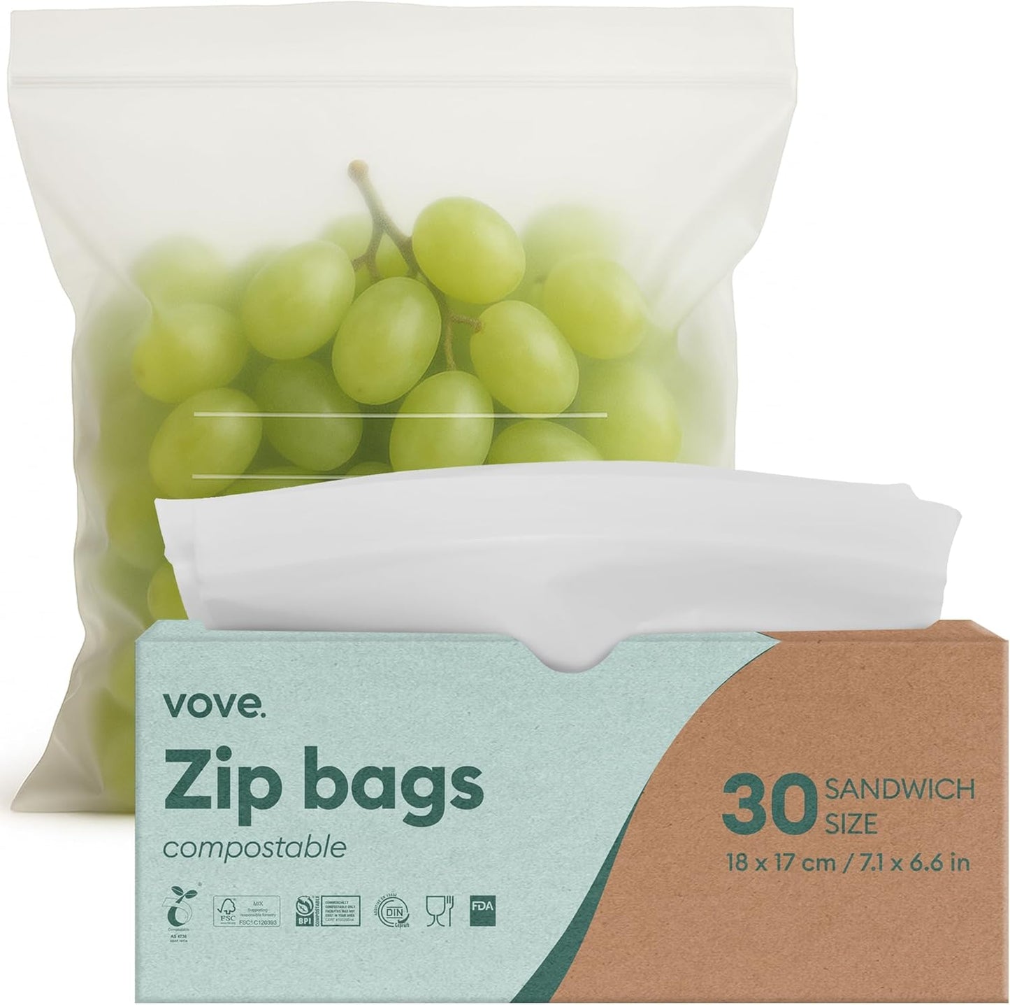 Vove Compostable Zip Bags | 30-Pack Sandwich Size | Biodegradable Food Storage | PLA & PBAT Eco-Friendly | Zero Waste Kitchen | Plastic-Free | FSC & DIN Certified
