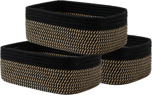 Small Woven Basket, 12 x 8 x 4.5 Inches, Storage Basket for Organizing, Cute Small Rope Shelf Closet Cube Storage Bins Baskets for Shelves, Dog Toy Gift Baskets Empty, 3 Pack Black & Brown
