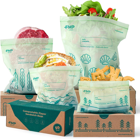 Fit Meal Prep 100% Compostable Food Storage Bags Set, Resealable Bags Plant-Based Freezer Bag for Food, ASTM D6400, US BPI & EU OK Compost Certified