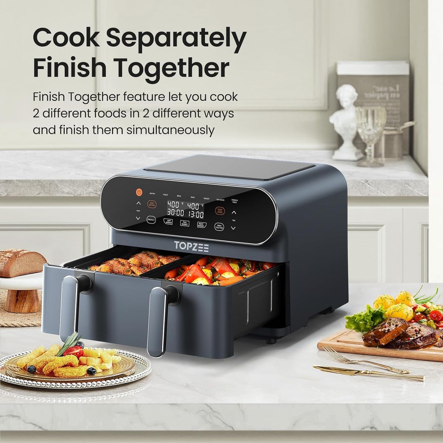 11-QT Large Air Fryer - 8 in 1 XL Airfryer with Flex Basket, Divider for Dual Cooking, Preheat, Air Fry, Roast, Broil, Bake, Reheat, Dehydrate, French Fries Dishwasher Safe, Gray