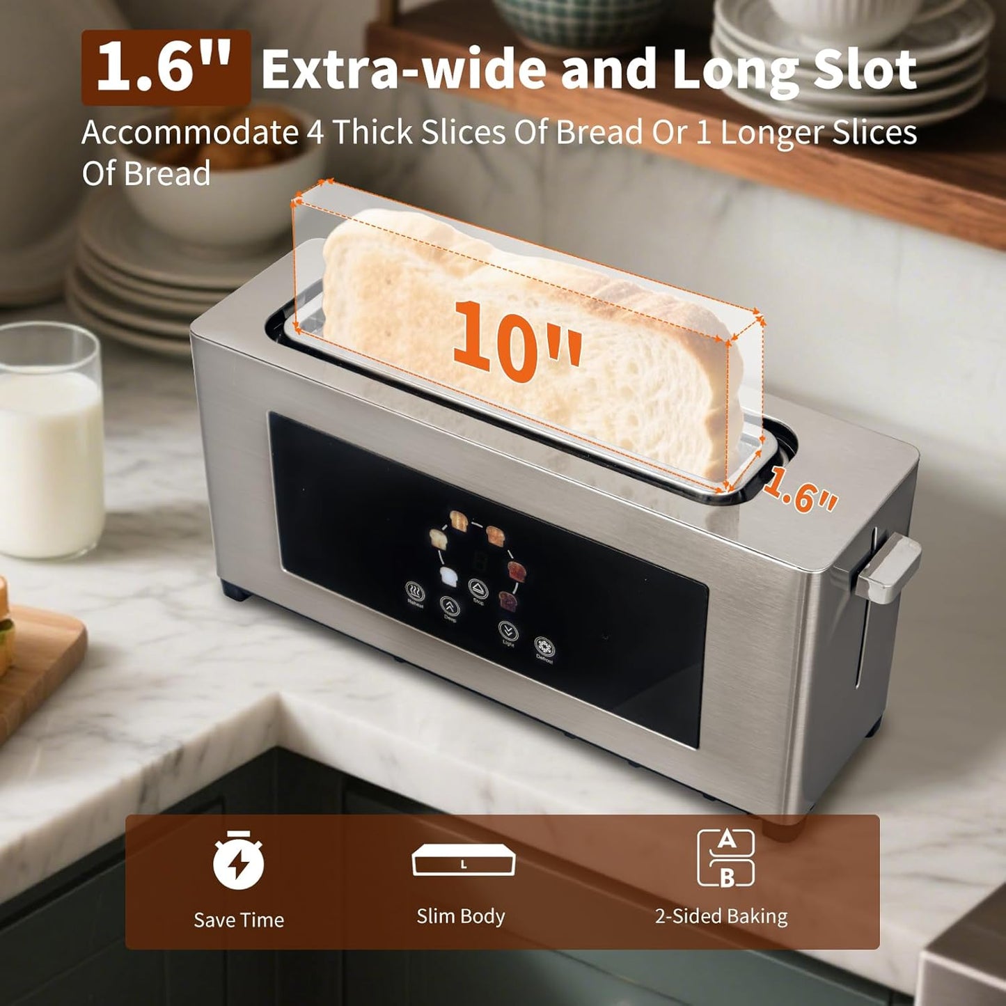 2 Slice Toaster with Touch Screen, Slim Toaster For Long Slice, 1.6" Wide Slot, 6 Browning Levels, 1000W Fast Heating, Slim Stainless Steel Design for Bagels, Baguettes, Compact Kitchen & RV Use