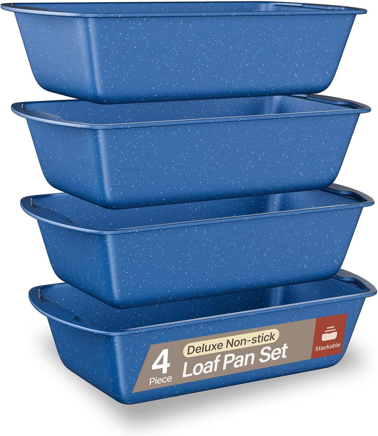 Nonstick Loaf Pan Set Pack of 4, Carbon Steel 11" Large Baking Bread Pan, Oven Safe Up to 450°F, PFOA, PFOS, PTFE Free, Space Saving Stackable Design, Stain Resistant, Dishwasher Friendly, Blue Marble