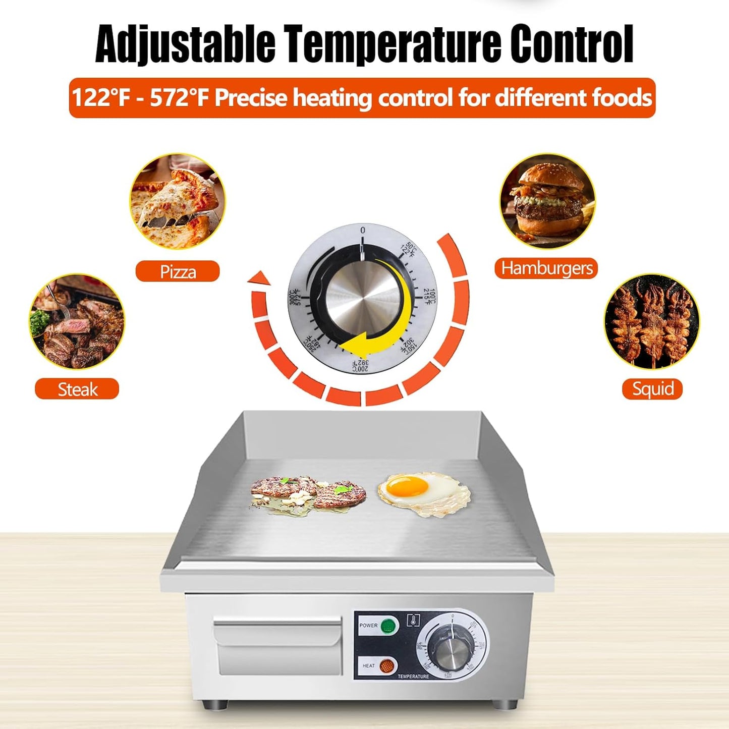 14" Commercial Electric Griddle,Electric Countertop Flat Top Griddle,110V 1500W Electric Flat Top Grill,Non-Stick Restaurant Teppanyaki Stainless Steel Grill,Adjustable Temperature Control