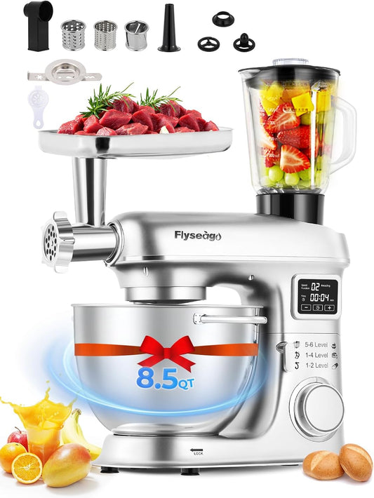 Stand Mixer 8-IN-1 8.5 Qt 2000W Multifunctional Fermentation Electric Kitchen Mixer 6 Speed Tilt-Head with Stainless Steel Bowl, 1.5L Glass Jar Meat Grinder Dough Hook Whisk Pasta Attachment