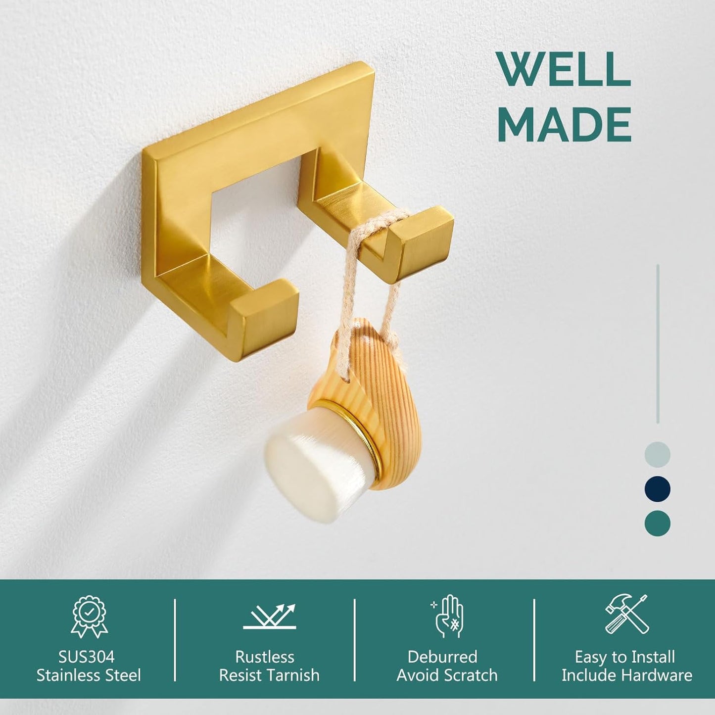 Angle Simple Towel Hook, SUS 304 Stainless Steel Wall Coat Hook, Bathroom Double Hand Towel Holder, Brushed Gold