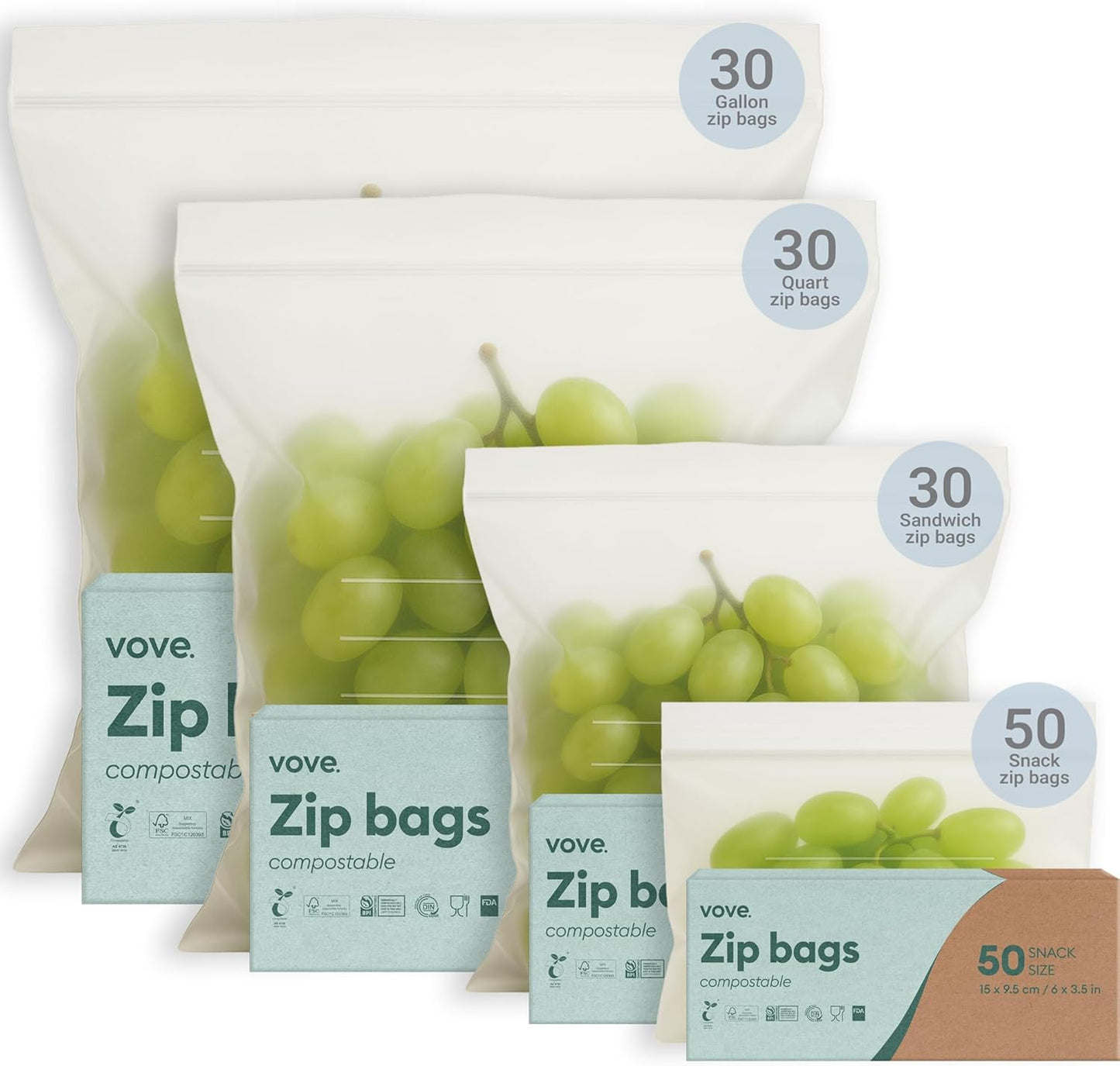 Vove Compostable Zip Bags 140-Pack | Multi-Size Biodegradable Food Storage Bags | PLA PBAT Eco-Friendly | Certified Sustainable Kitchen Storage | Zero Waste