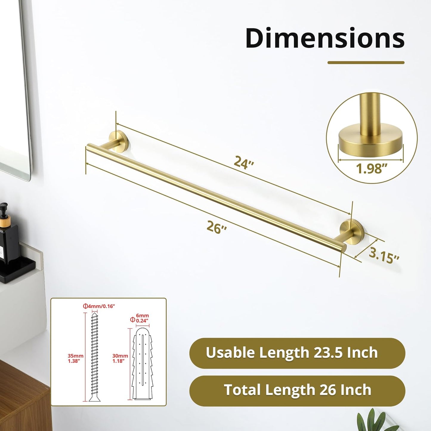 SAYAYO Towel Racks for Bathroom, 24 Inch Towel Bar Brushed Gold, Towel Rod Towel Holder Wall Mount SUS304 Stainless Steel (26 Inch Total Length)