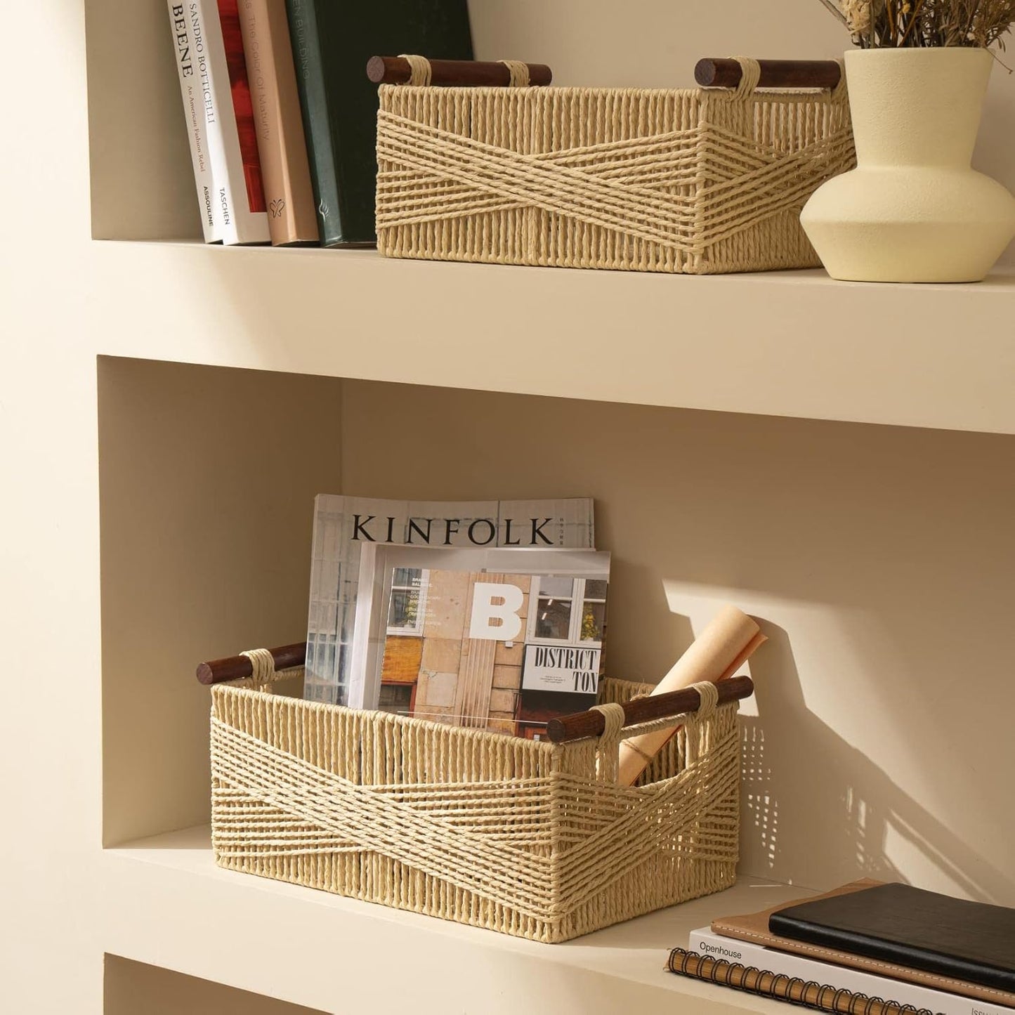 LA JOLIE MUSE Wicker Storage Baskets for Organizing, Recyclable Paper Rope Basket with Wood Handles, Decorative Hand Woven Basket Organizers for Makeup Books Shelves Living Room, Beige, Set of 2