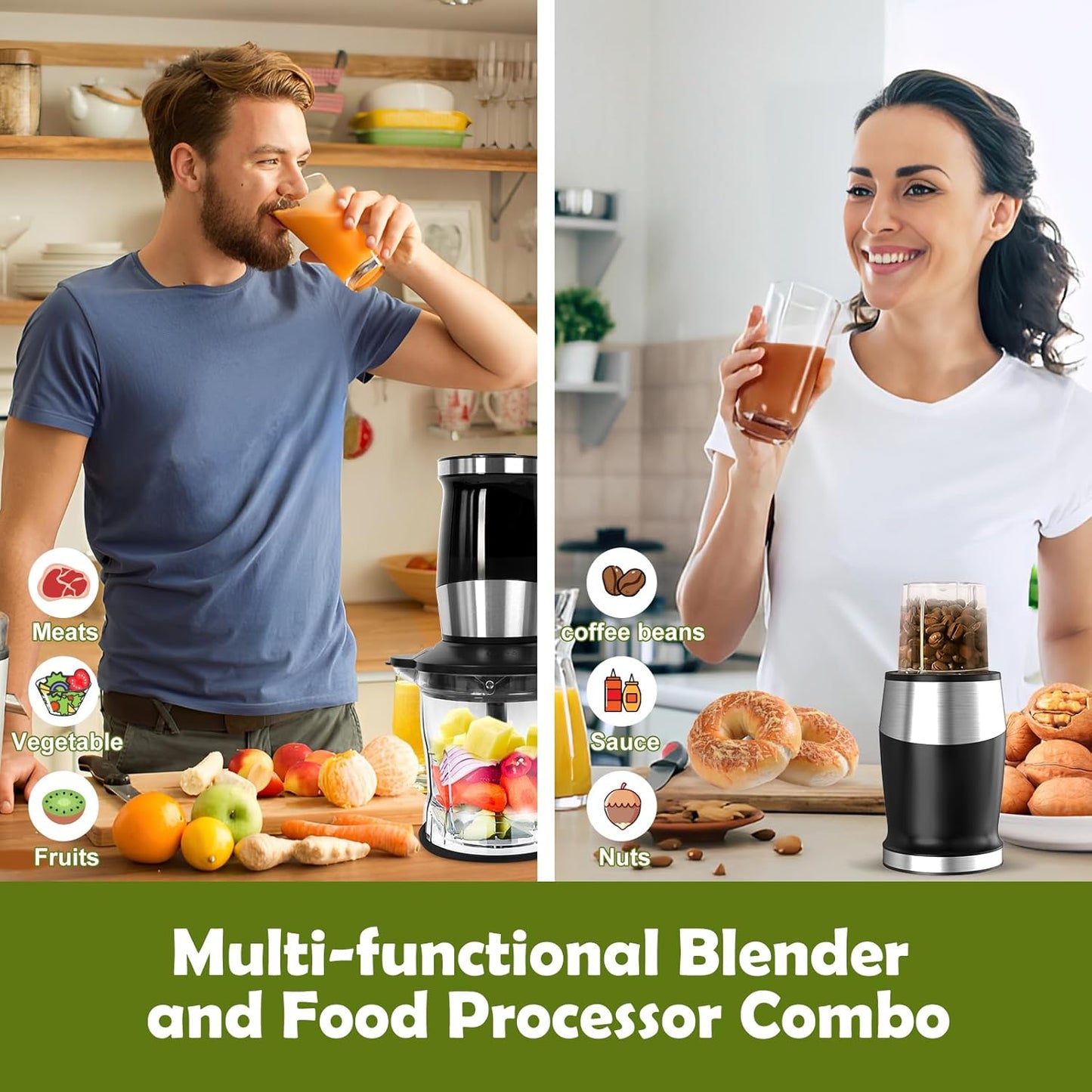 Blender and Food Processor Combo, Blender for Shakes and Smoothies, Personal Blender Small Blender, Suitable for Kitchen, Home, 700W Electric Blender with Mixer Grinder/Blender/Chopper