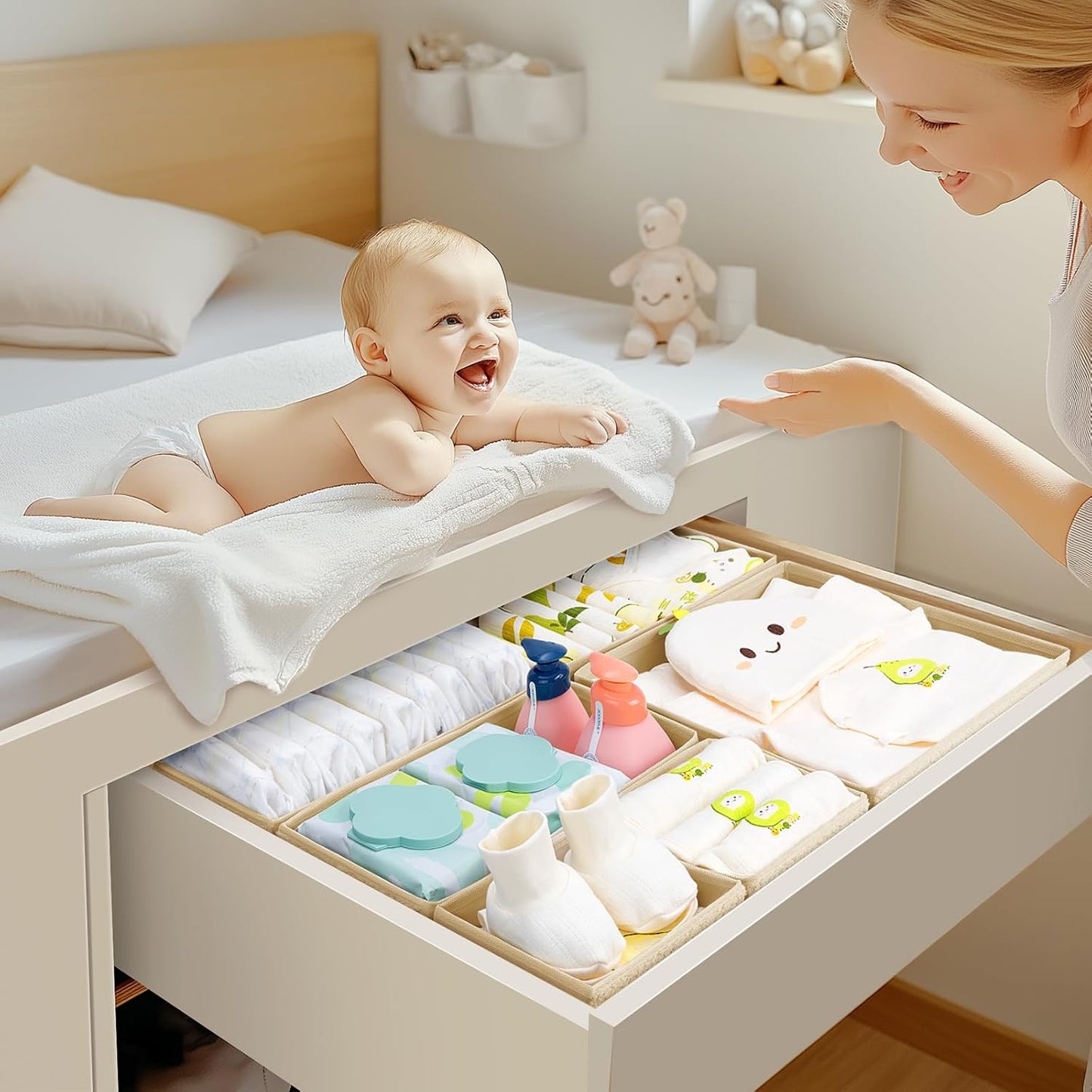 Drawer Organizer Clothes - 12 Pack Dresser Organizer for Nursery, Foldable Sock Underwear Organizer, Baby Drawer Organizer, Small Fabric Storage Bins for Dresser Drawer, Beige