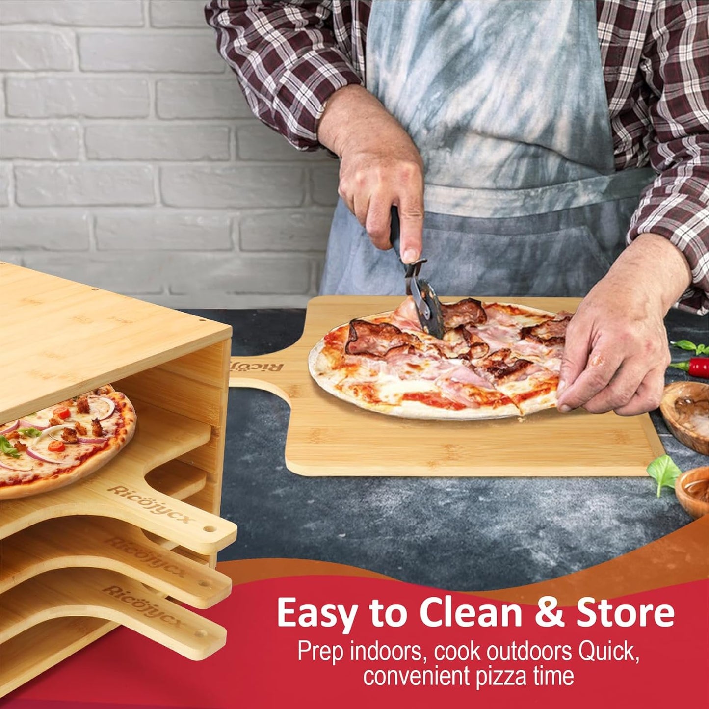 Multilayer Bamboo Pizza Peel Rack, Contain 4 x 12 Inch Non-Stick Bamboo Pizza Boards, Pizza Paddle Stand for Easy Storage and Baking Multiple Pizzas and Bread