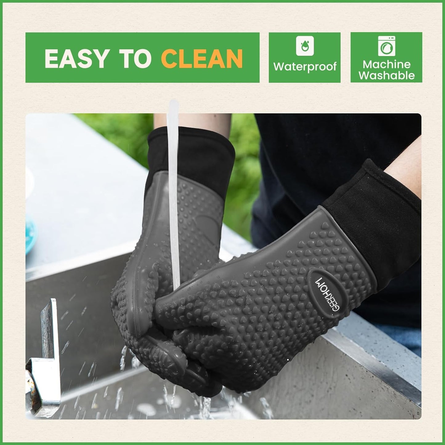 GEEKHOM BBQ Gloves Heat Resistant Oven Mitts - Silicone Grilling Gloves with 13.7" Arm Protection - Waterproof Pot Holder Non-Slip for Men & Women, Kitchen Outdoor Cooking, Baking, Camping, Gray